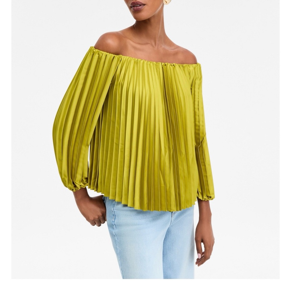 INC International Concepts Pleated Off-Shoulder Blouse in Lime Green